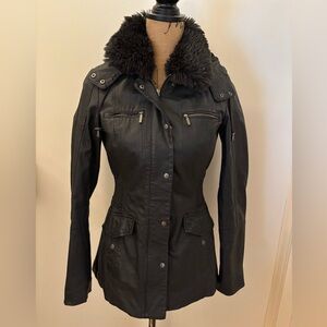 Danier Black Leather Utility Jacket with Faux Fur Collar